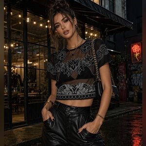 Artsy Sheer Black Blouse 🔥 Ornate Lace Detail | Euro Chic Minimal Statement Top